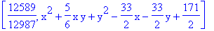 [12589/12987, x^2+5/6*x*y+y^2-33/2*x-33/2*y+171/2]